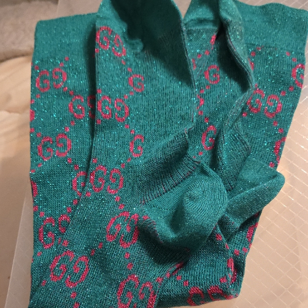 Gucci Teal Crew Socks with Pink GG Pattern and Sparkle